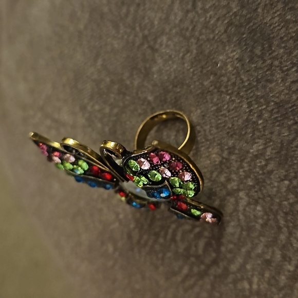 VTG Bronze Rainbow Rhinestone Butterfly Watch Ring - Picture 3 of 6
